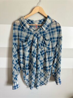Free people Blue gingham sheer button down shirt